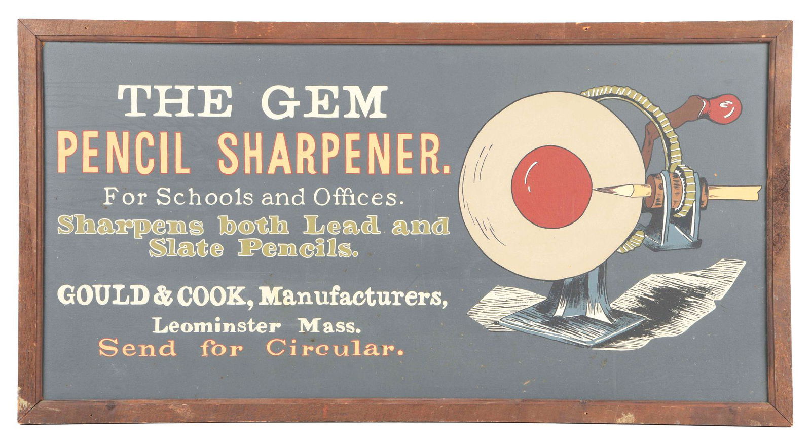 THE GEM MASONITE PENCIL SHARPENER SIGN W/ PENCIL SHARPNER GRAPHIC. (1 of 2)