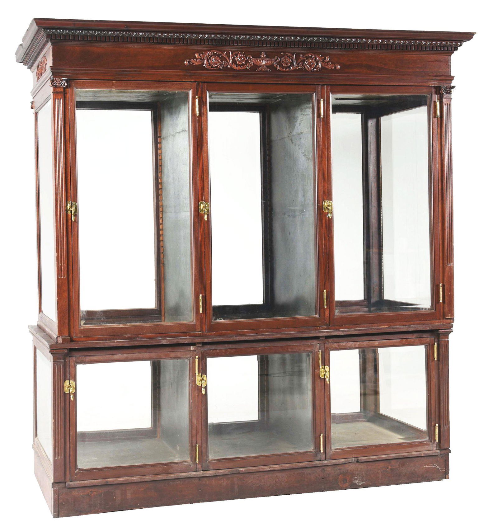 BEAUTIFUL 2 PIECE DOUBLE SIDED WALNUT STORE DISPLAY CABINET. (1 of 6)