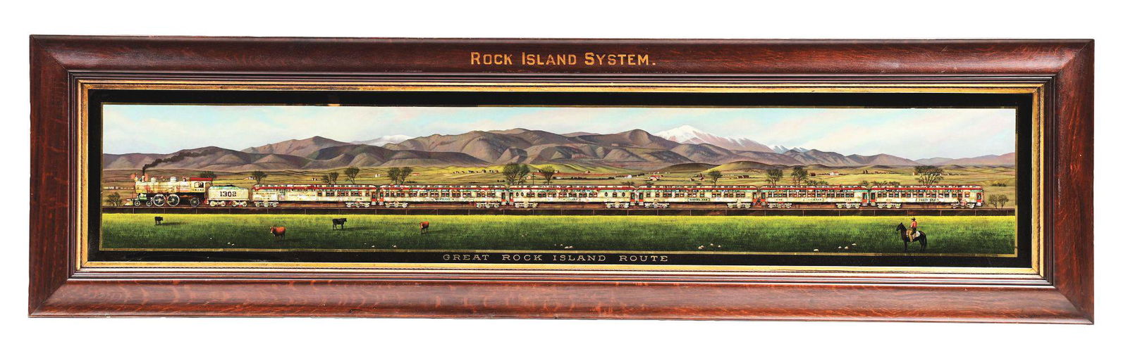 ROCK ISLAND RAILROAD REVERSE GLASS & INLAYED SIGN IN ORIGINAL FRAME. (1 of 7)