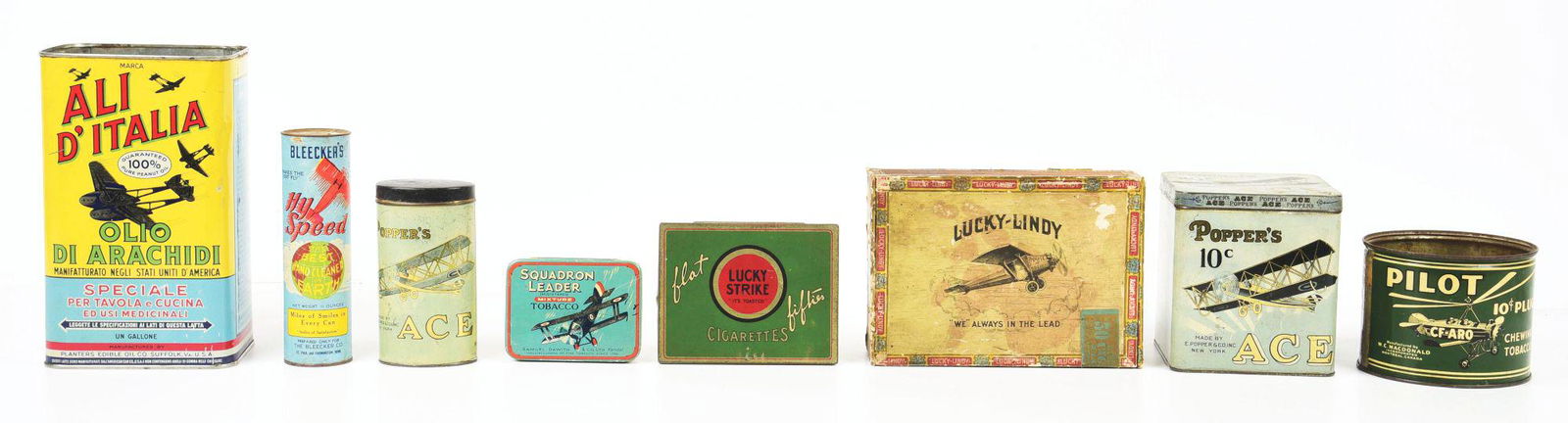 COLLECTION OF 8 EARLY CIGAR TINS & BOX W/ AIRPLANE GRAPHICS. (1 of 4)