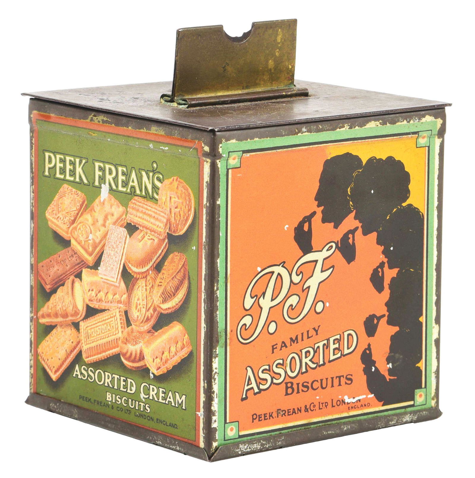 P.F. FAMILY ASSORTED BISCUITS TIN STRING HOLDER W/ ASSORTED GRAPHICS. (1 of 3)