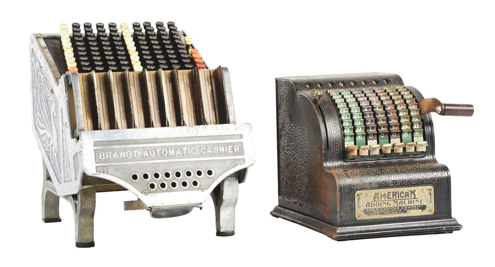 LOT OF 2: VINTAGE OFFICE MACHINES, BRANDT AUTOMATIC CASHIER & AMERICAN CHECK WRITER W/ BOX. (1 of 5)