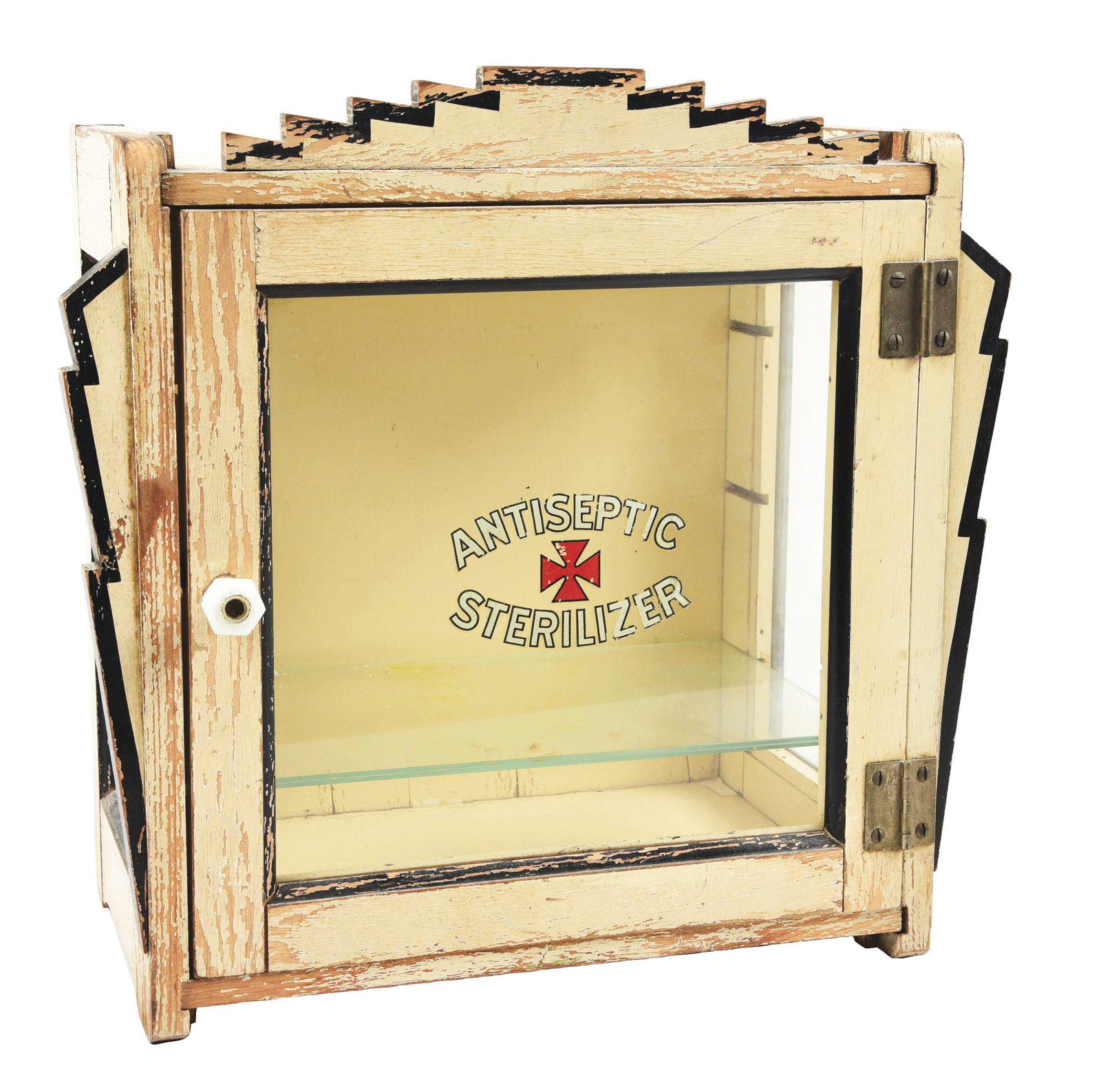 ANTISEPTIC STERILIZER CABINET.: A cabinet with a two-shelf interior, reading "Antiseptic Sterilizer" on the front glass door panel. CONDITION: It is in original condition, with a great patina and all glass free of breaks. There appe