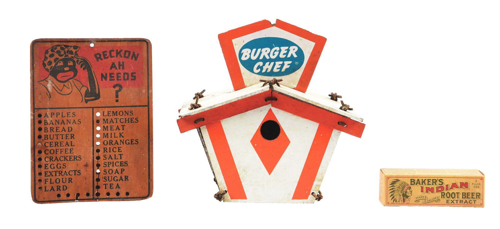 COLLECTION OF 3: BURGER CHEF BIRD HOUSE, ROOT BEER EXTRACT AND A DINER MENU. (1 of 4)