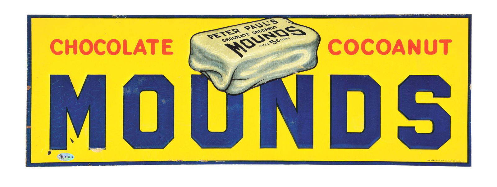 CHOCOLATE COCONUT MOUNDS EMBOSSED TIN SIGN W/ CANDY BAR GRAPHIC. (1 of 3)