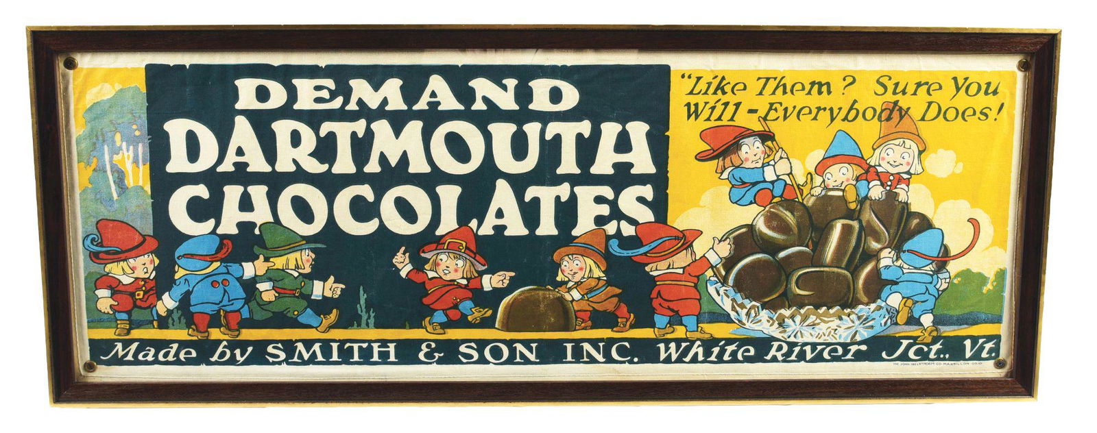 DARTMOUTH CHOCOLATES FRAMED CLOTH BANNER W/ ELF GRAPHICS. (1 of 2)