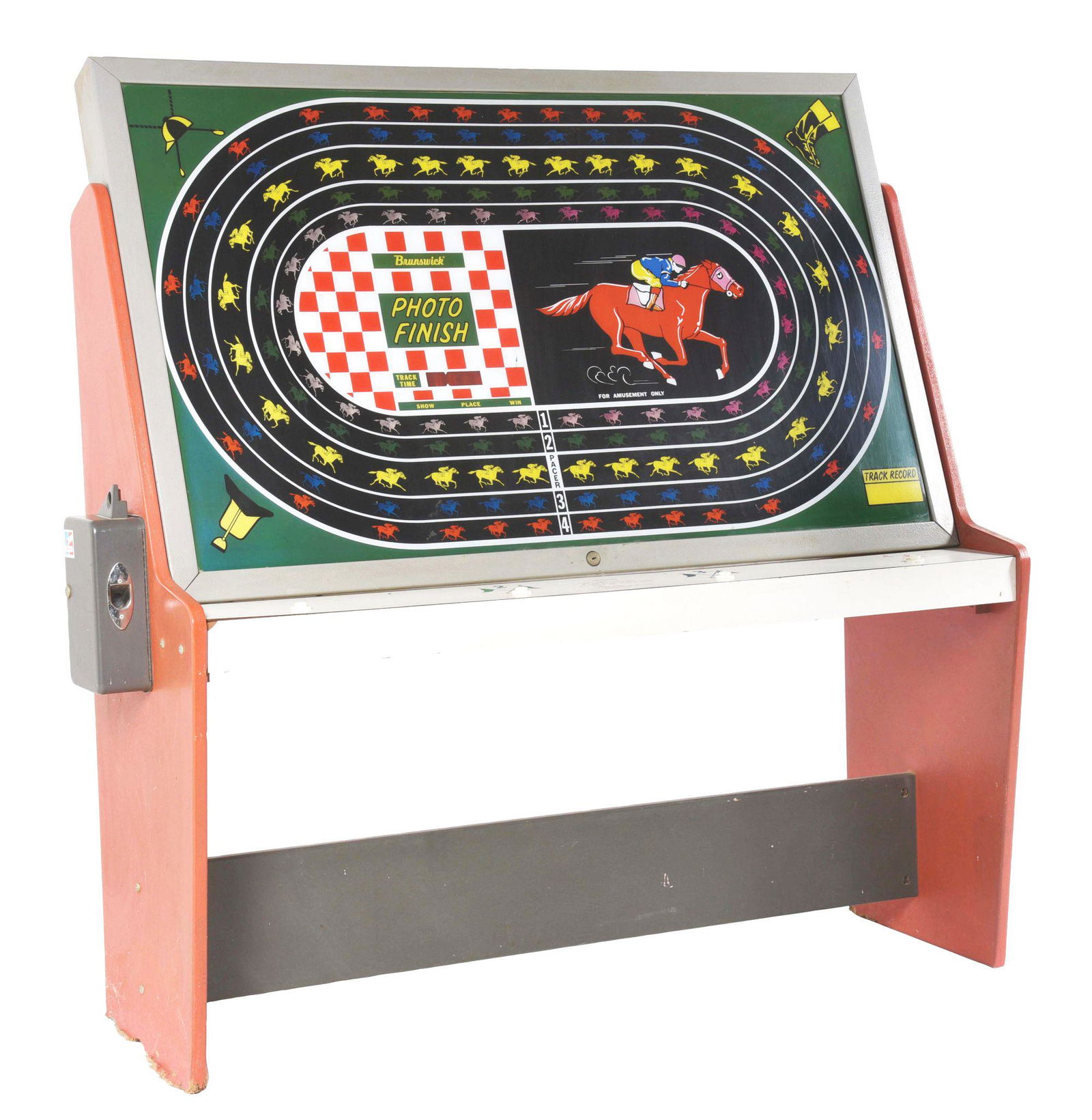 BRUNSWICK PHOTO FINISH HORSE RACE ARCADE GAME.: This is a fantastic horse race game for one to four players. 25¢ operation and easy play, drop the coin and press the start button as the pace horse passes, and you're off to the races. Made by B