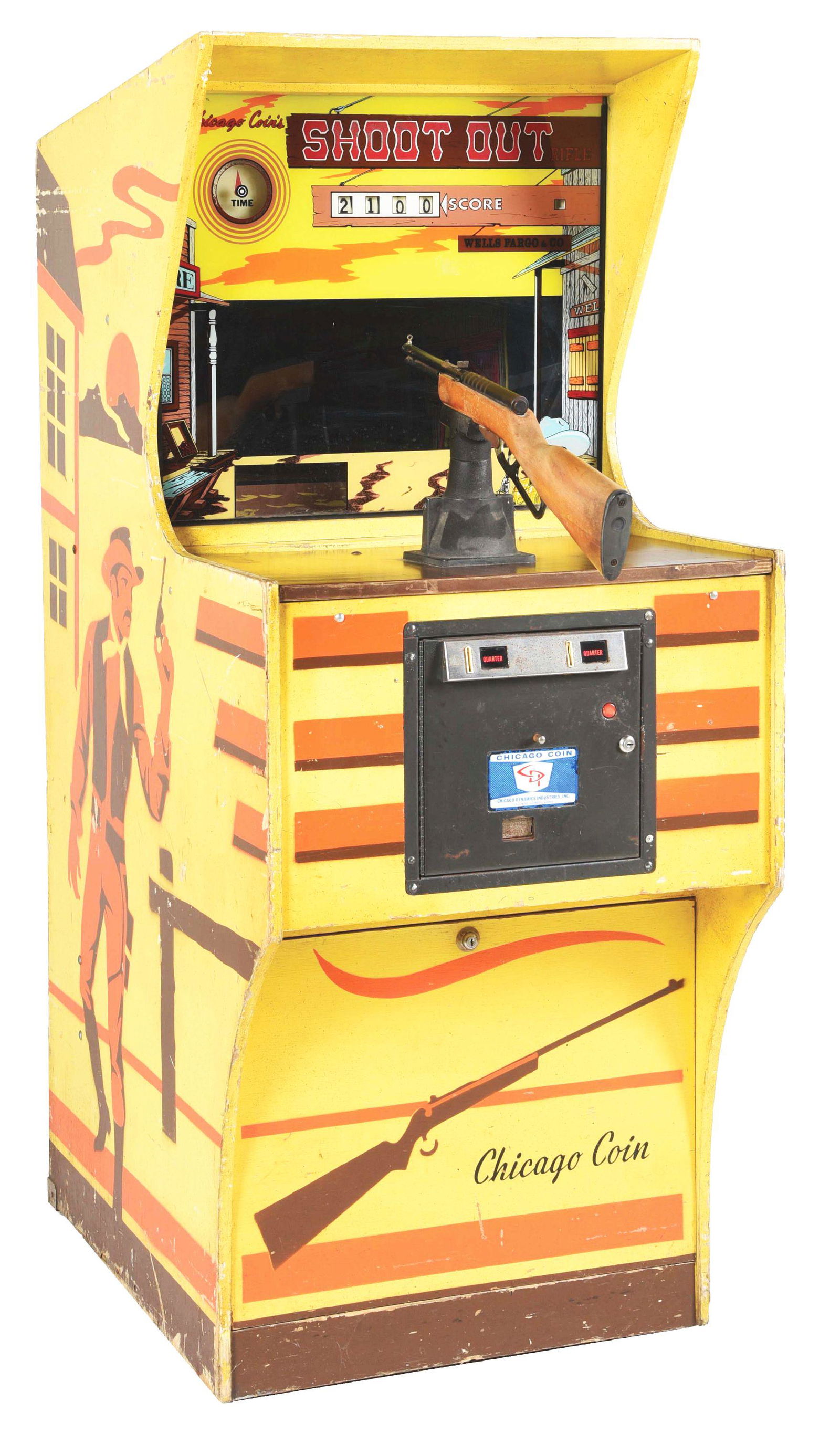 25¢ CHICAGO COIN'S SHOOT OUT ARCADE GAME.: Chicago Coin produced this western themed game in 1976. The game is holographic with multiple moving targets that appear behind the barrels and in the background, there are only seconds to shoot each