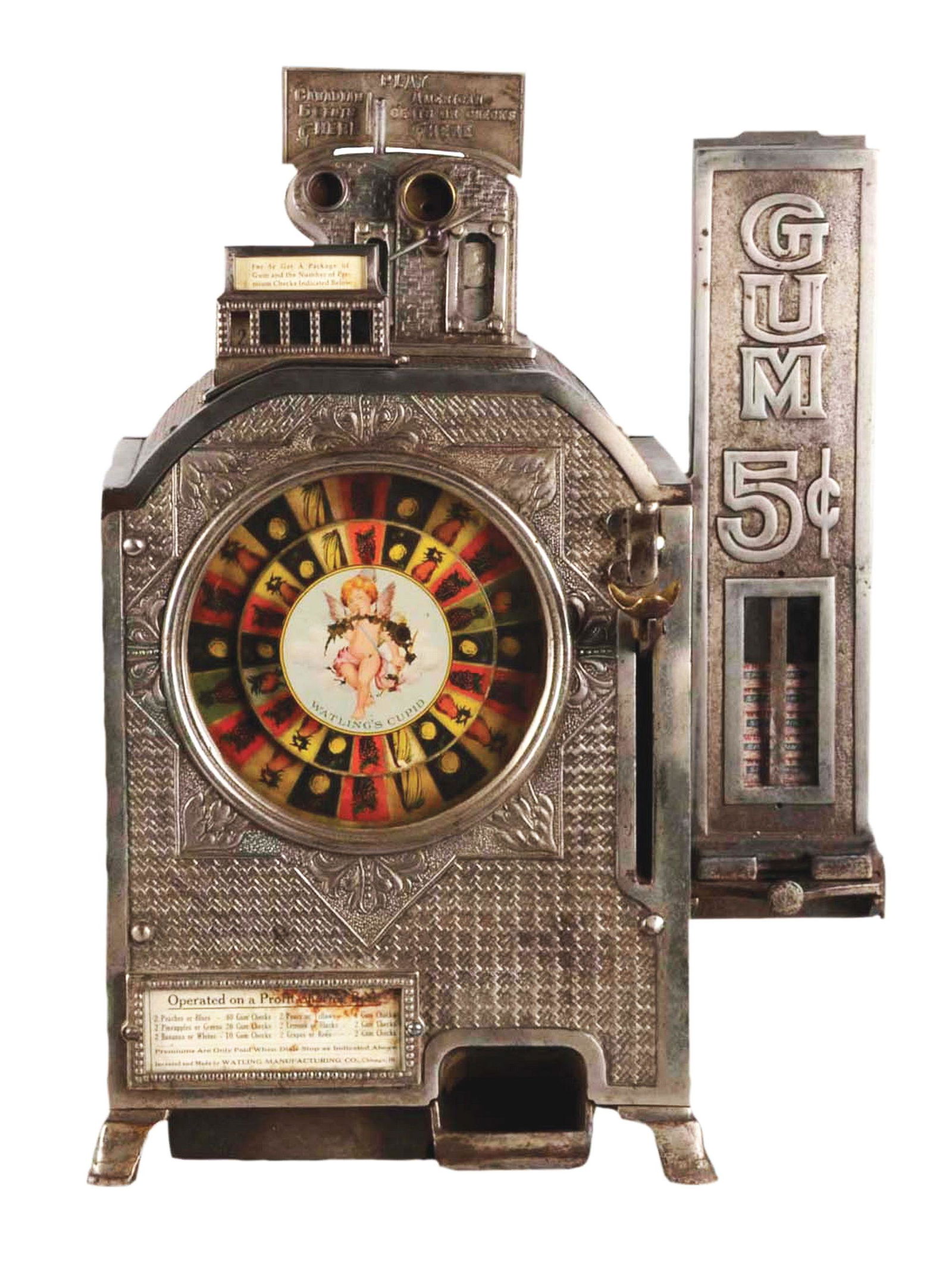 WATLING CUPID CAST IRON SLOT MACHINE.: C. 1902. A very rare version of this most difficult-to-find Watling cast iron Cupid slot machine. This one-of-a-kind example comes with dual coin entries, one for a US nickel and one for a Canadian ni