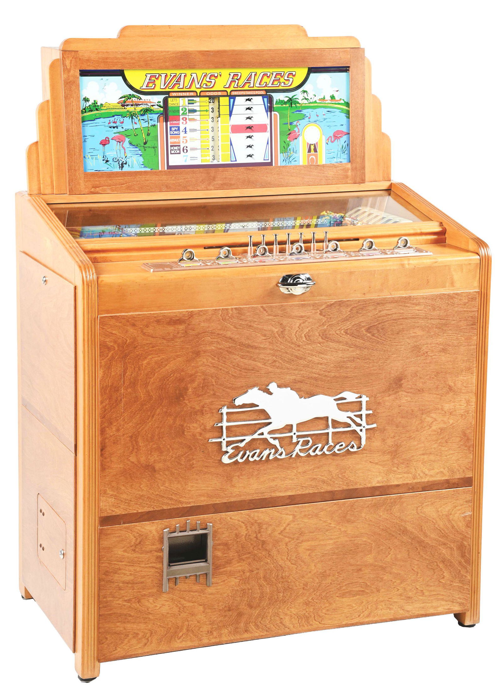 EVANS RACES HORSE RACING ARCADE GAME MACHINE.: An amazing example of 1940's gambling console machine by H.C. Evans. Play consists of the customer inserting coins in any of the slots, with one slot for each horse. The player is gambling that the ho