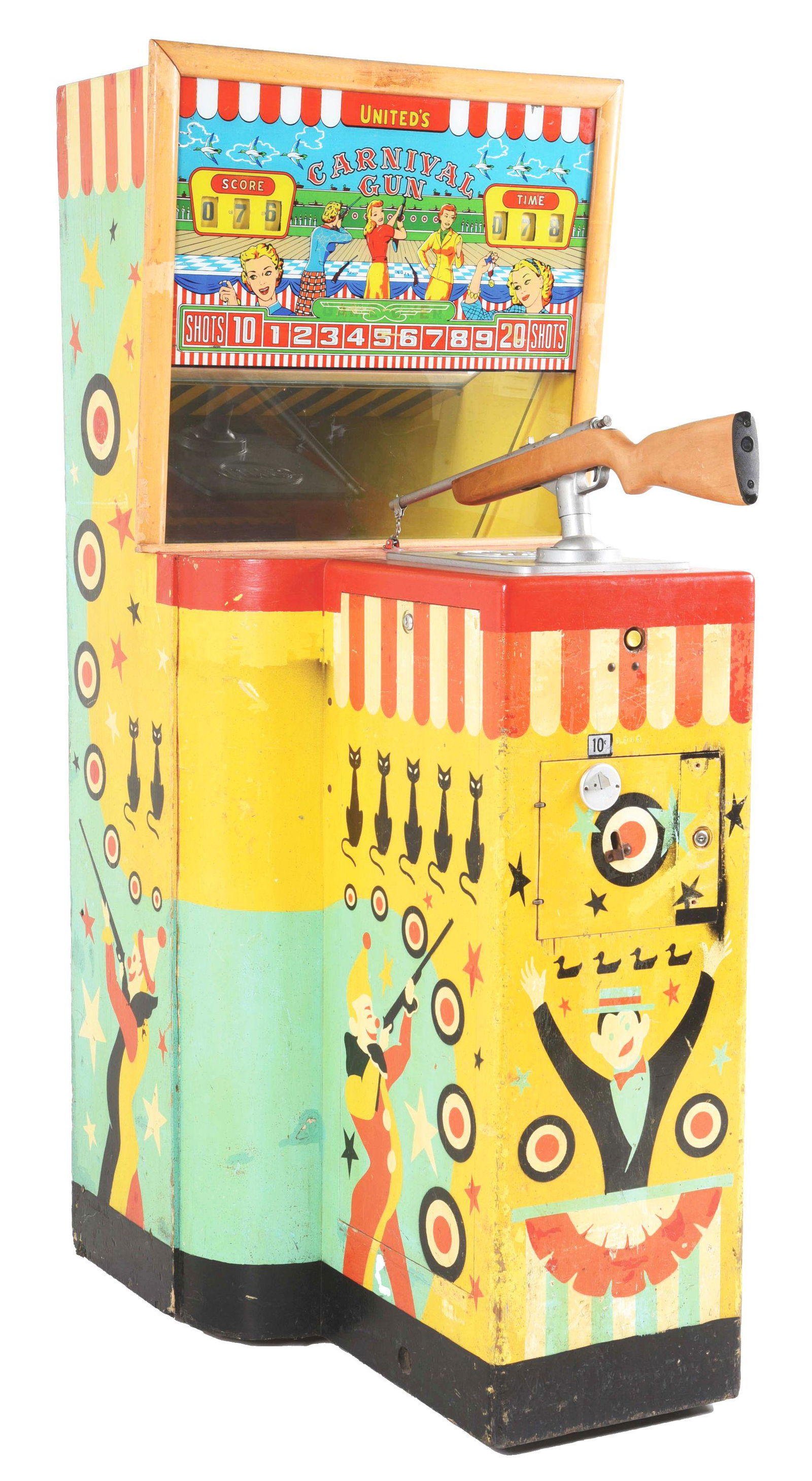10¢ UNITED'S CARNIVAL GUN.: CONDITION: In original condition with original back glass that has had some small area of possible touch-up around the score. The original back glass is free of breaks and cracks, with some minor flak