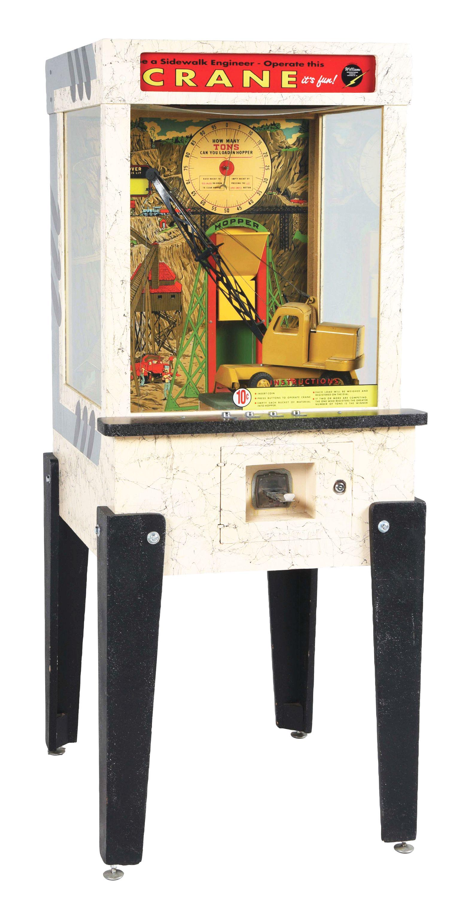 10¢ WILLIAMS CRANE.: 10¢ operation. Highly detailed game showing early mines with early equipment. The gage reads "How Many Tons can you load in hopper." CONDITON: Exterior appears to be an older, well-done restorati