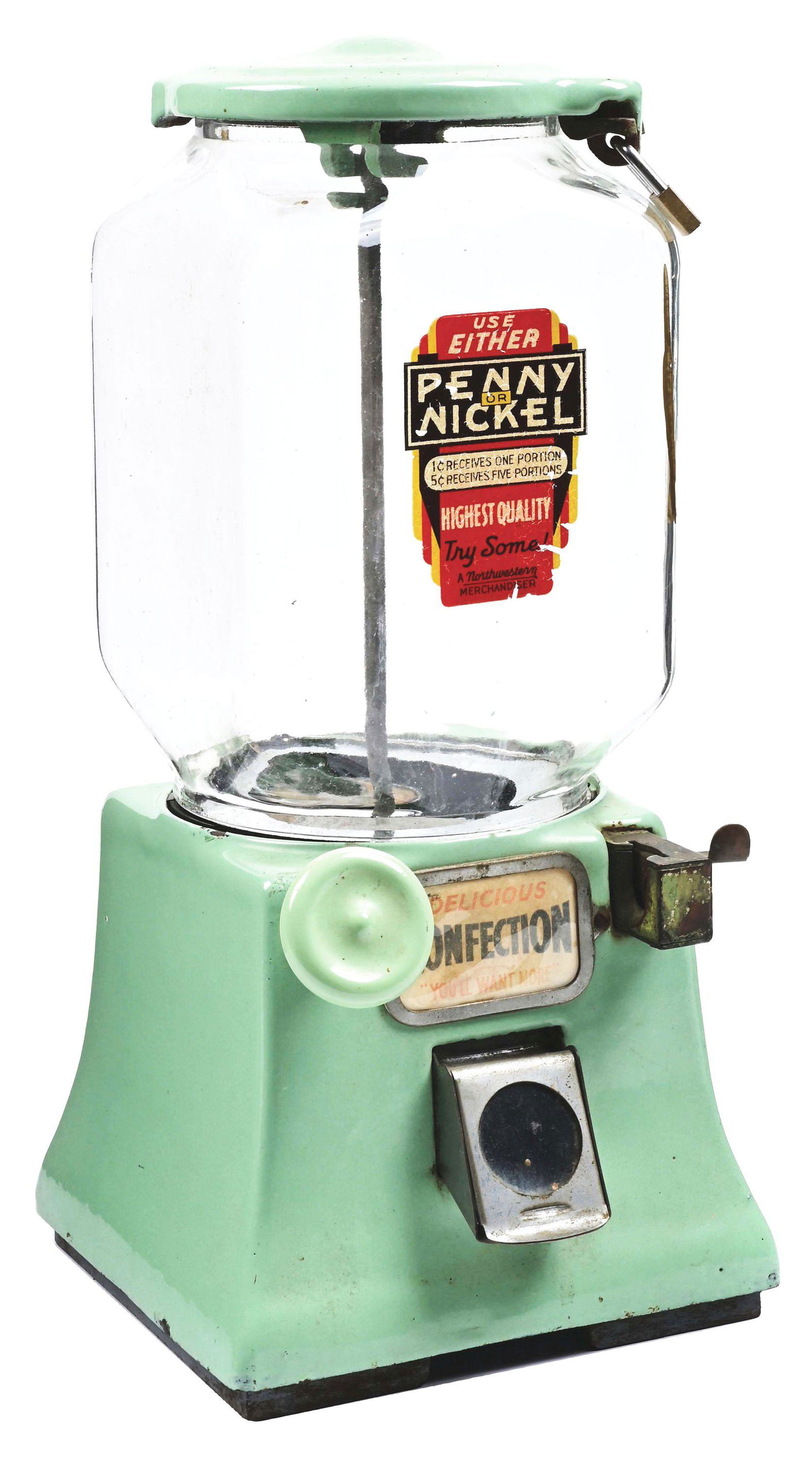 1¢ AND 5¢ NORTHWESTERN MODEL 31 GUMBALL MACHINE IN GREEN PORCELAIN. (1 of 4)