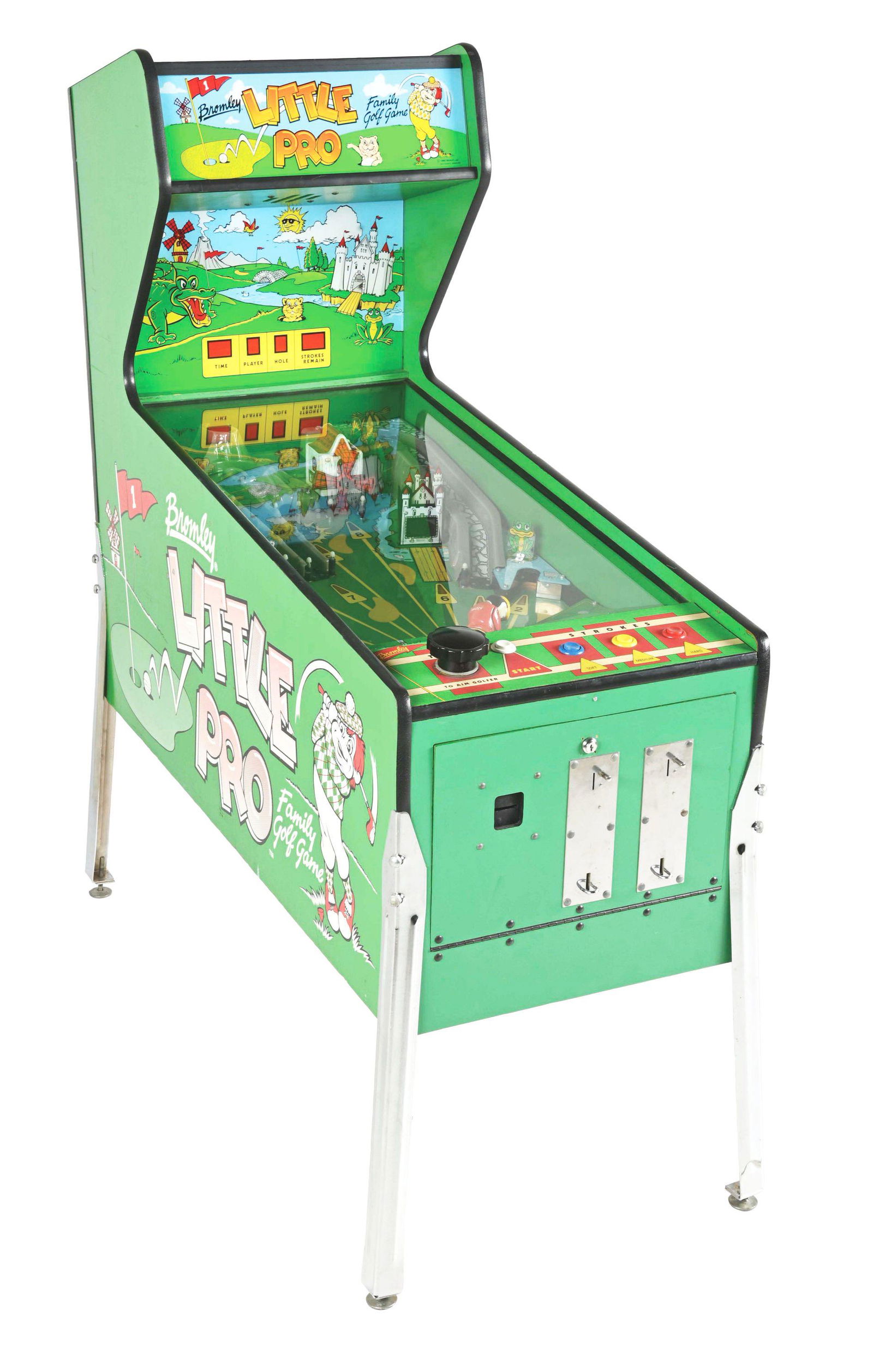 BROMLEY LITTLE PRO GOLF ARCADE GAME.: 1990 Bromley Little Pro Manikin Miniature Golf Coin-Op Arcade Game. You are playing mini-golf, with obstacles like a moving windmill, an alligator with mouth opening and closing, volcano and more. Thi