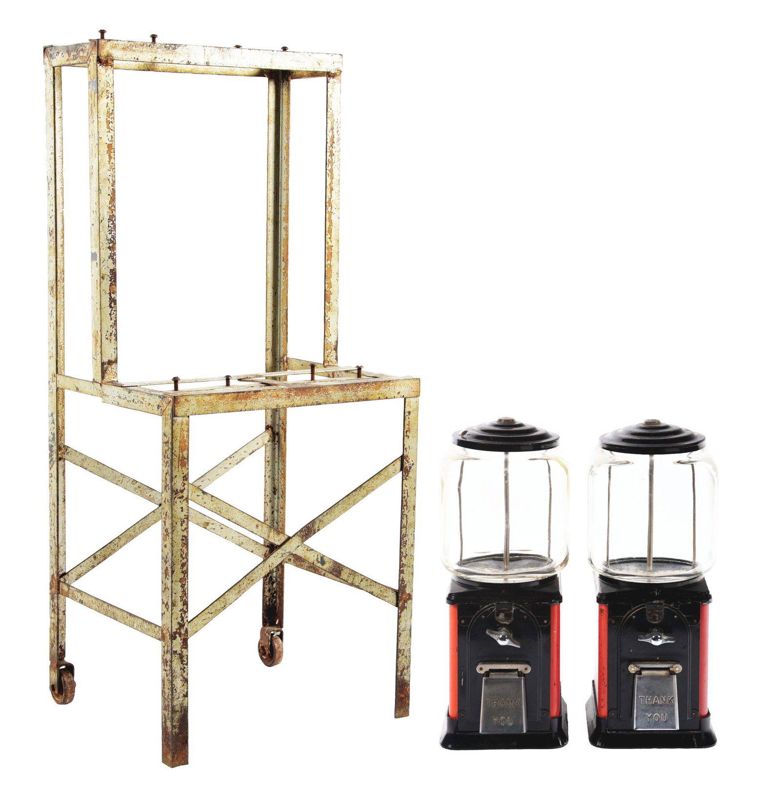 LOT OF 3: TOPPER GUMBALL VENDORS WITH ORIGINAL STAND.: Lot consists of two gumball vendors with factory original stand. The first one has a receiving lid reading "Thank You," written in bright orange and black. The second one has an original receiving cha