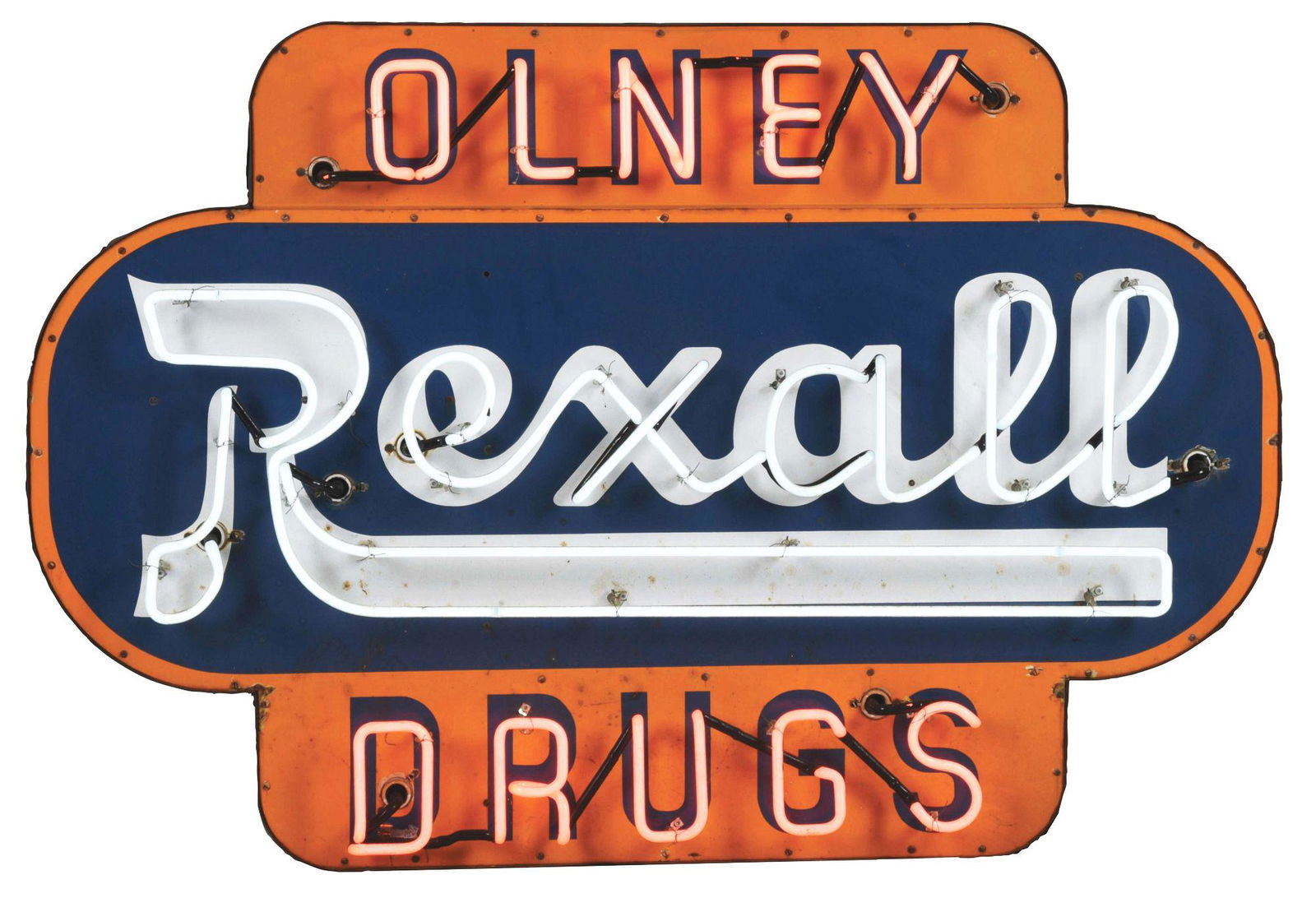 EXCELLENT DOUBLE-SIDED PORCELAIN REXALL DRUGS STORE NEON SIGN W/ OLNEY DRUGS PRIVILEGE PANEL. (1 of 4)