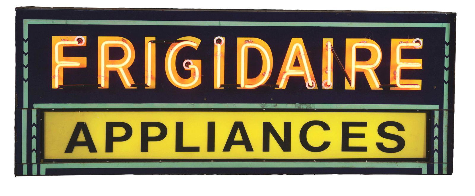 OUTSTANDING FRIGIDAIRE APPLIANCES SINGLE-SIDED PORCELAIN SIGN W/ NEON. (1 of 3)