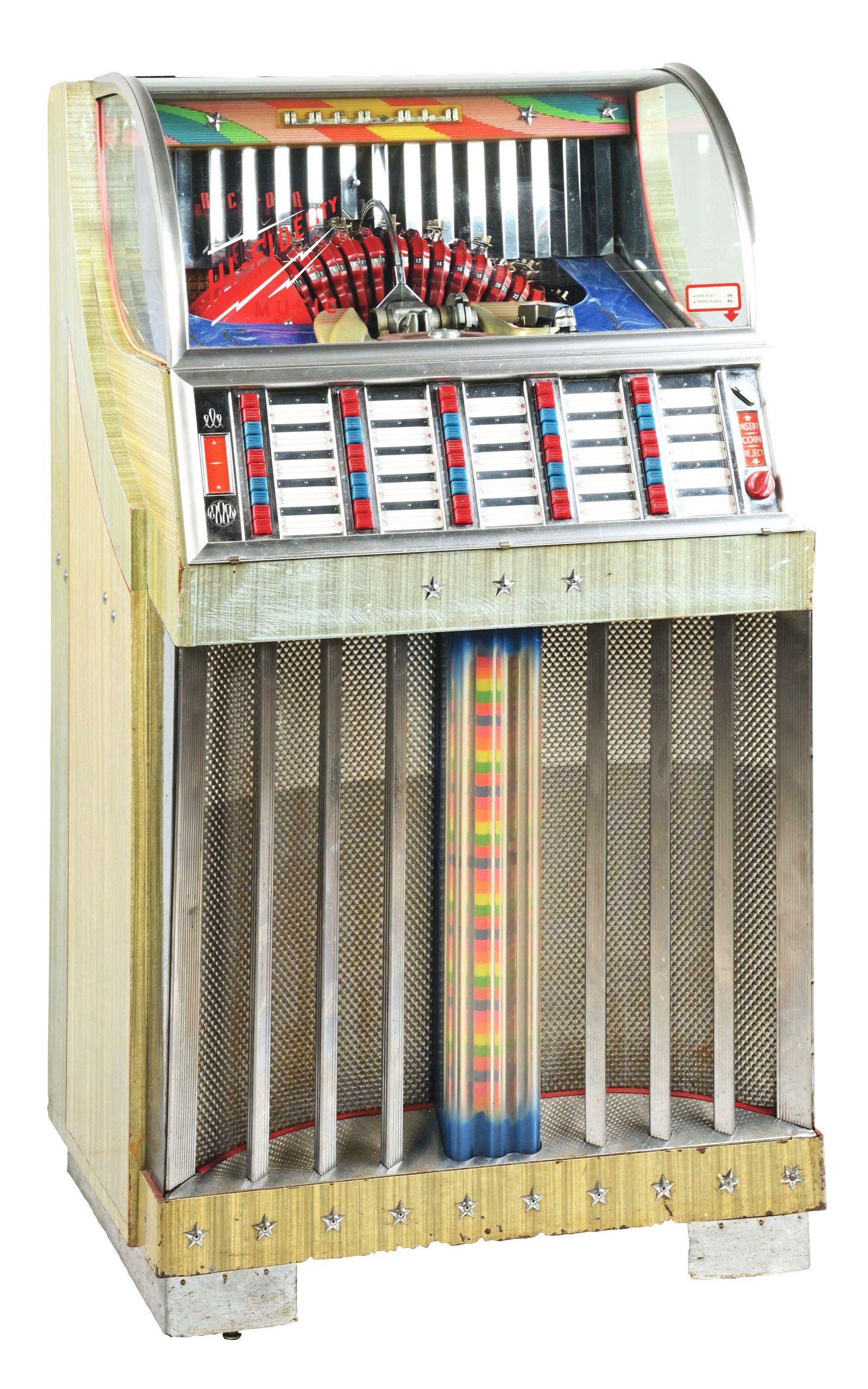 ROCK-OLA 1442 HIGH FIDELITY JUKEBOX.: Rock-Ola 1442 45 rpm jukebox playing 50 selections on Rock-Ola's low-upkeep carousel changer. CONDITION: A nice original that has been shopped out mechanically and works perfectly. Play as-is or a gre