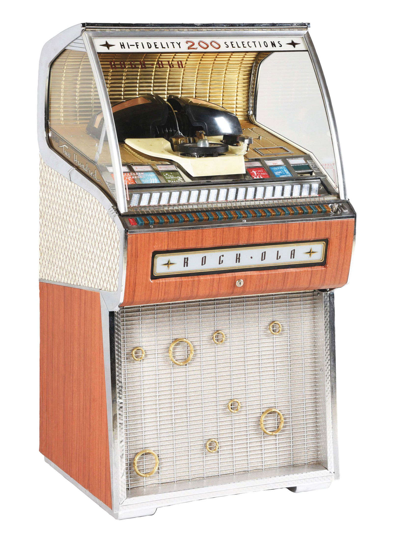 HI-FIDELITY ROCK-OLA 1455 JUKE BOX.: A great example of a seldom seen Rockola 45 RPM jukebox model 1455. 200 selection with great sound and style from 1957. CONDITION: Shopped out mechanically and working great. Cosmetically clean and st