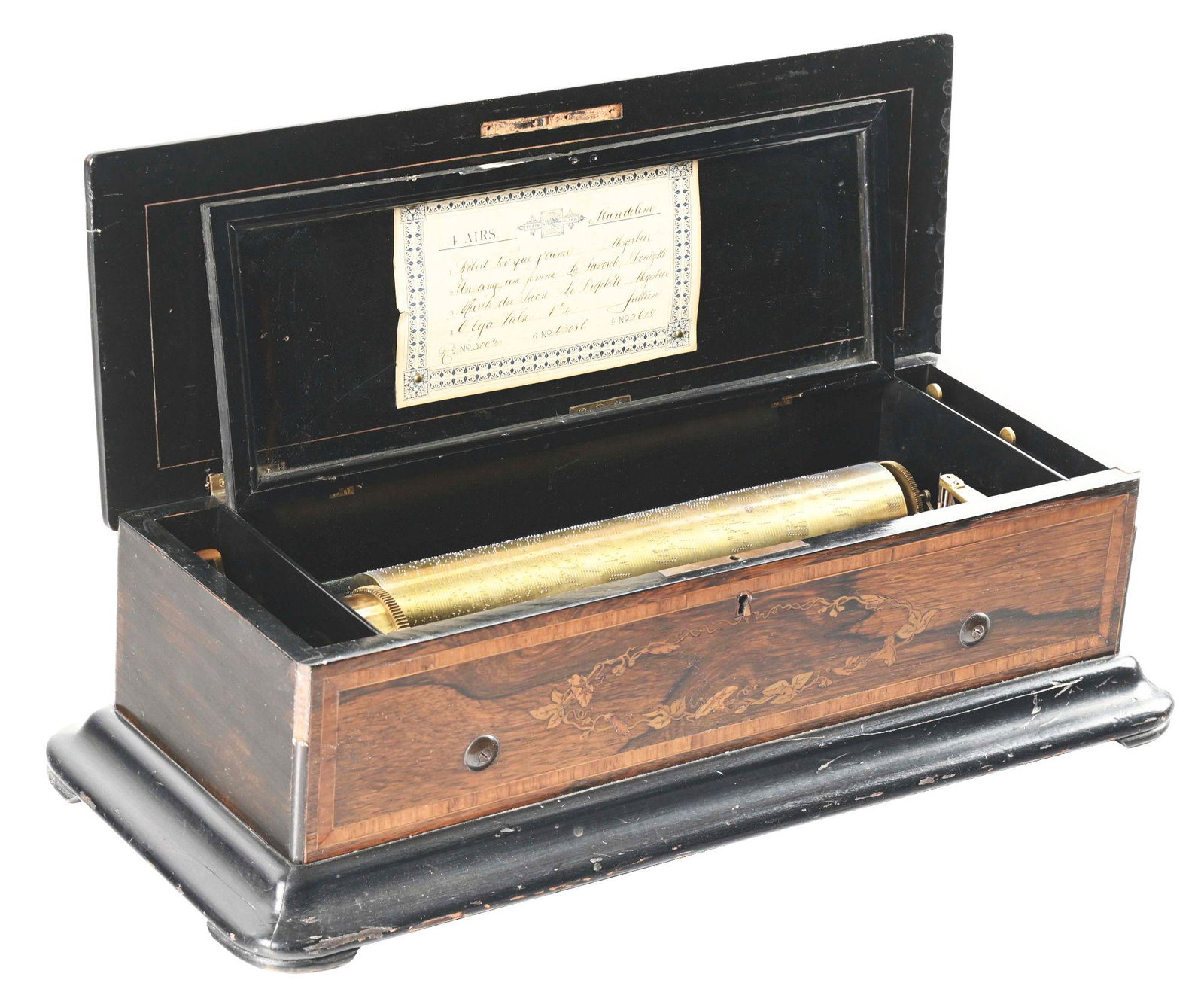 NICOLE FREIES 4 TUNE-MANDOLIN MUSIC BOX.: Nicole Fréres, Mandolin-format cylinder music box playing four tunes, Geneva, Switzerland, bearing serial #43056, dating to 1868. CONDITION: Very nice sounding instrument with fine tooth comb, no