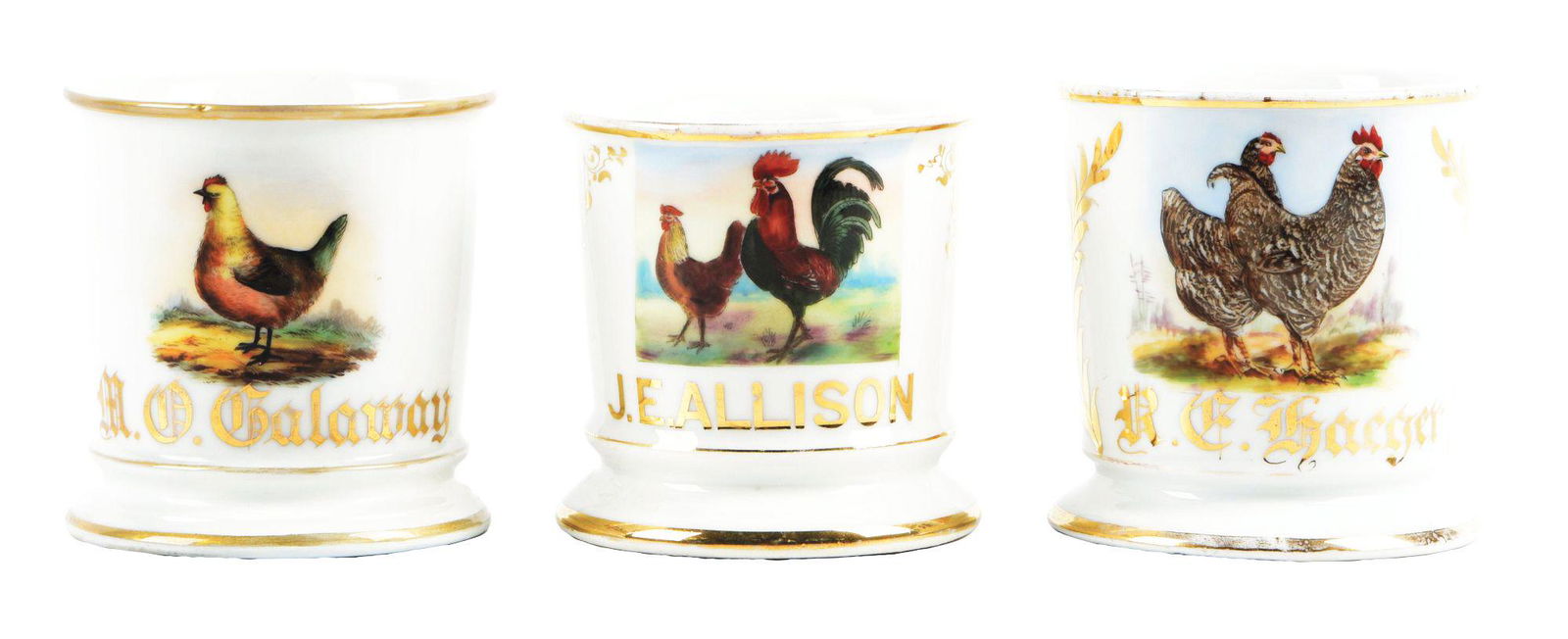 LOT OF 3 ROOSTER SHAVING MUGS.: Nice grouping of 3 rooster shaving mugs. CONDITION: Nice color and detail. Condition: (Excellent). Dimensions: Each: 4 - 1/2" Dia.
