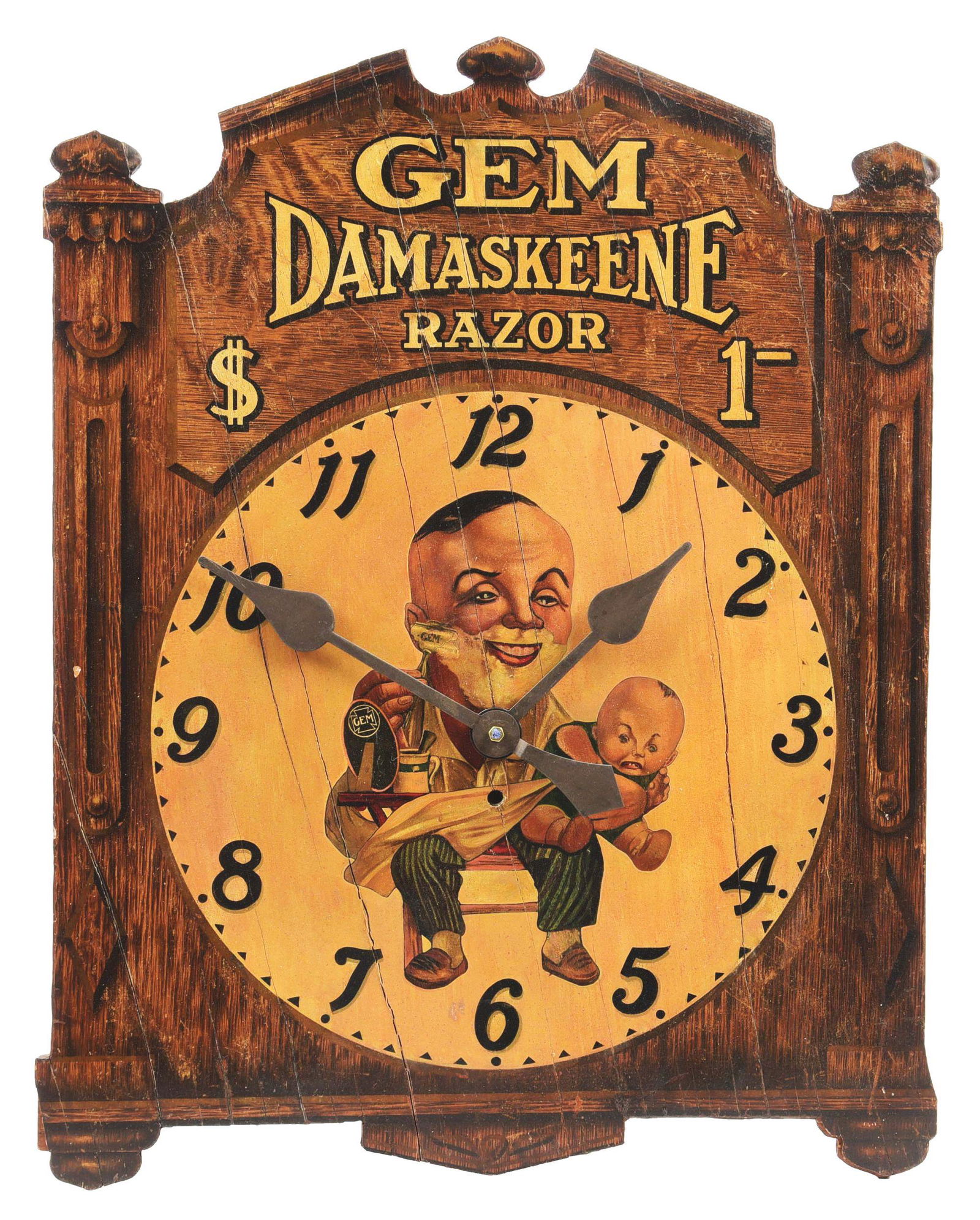 GEM DAMASSKEENE RAZOR'S WOODEN CLOCK W/ FATHER AND CHILD SHAVING GRAPHIC. (1 of 3)