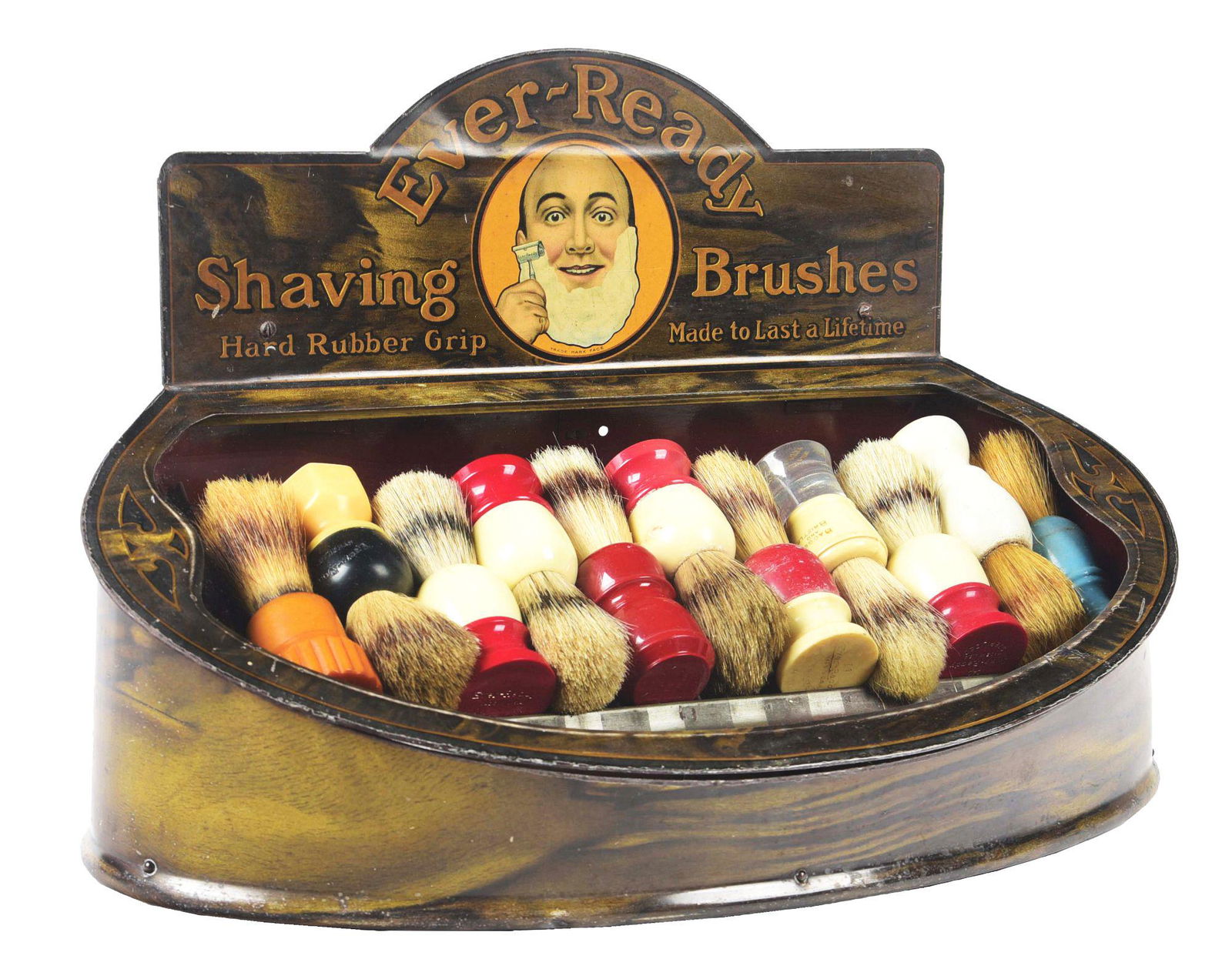 EVER-READY SHAVING BRUSHES TIN LITHOGRAPHED COUNTERTOP DISPLAY W/ ORIGINAL PRODUCT. (1 of 5)