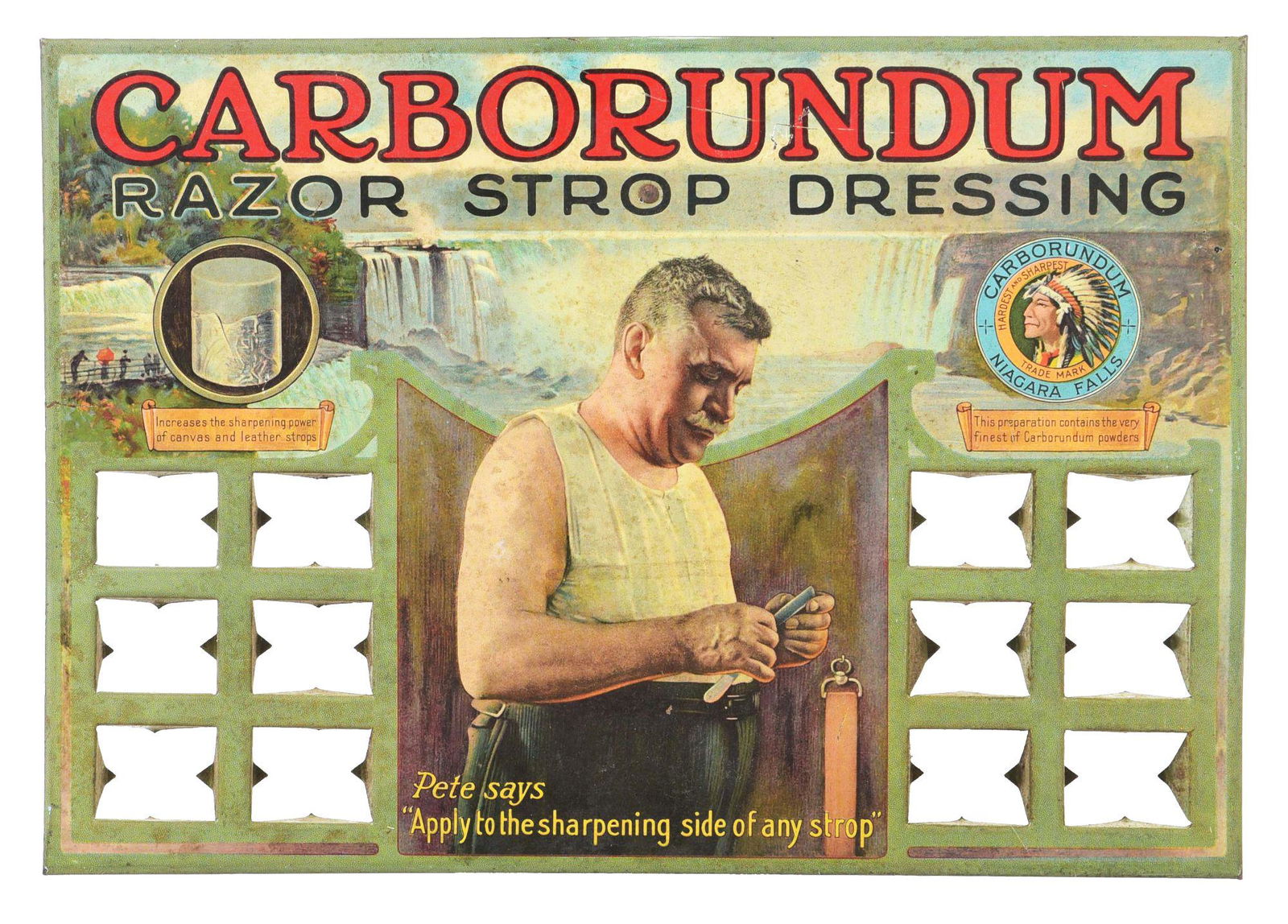 CARBORUNDUM RAZOR STROP DRESSING TIN LITHOGRAPHED EASEL BACK DISPLAY W/NATIVE AMERICAN & NIAGARA (1 of 2)
