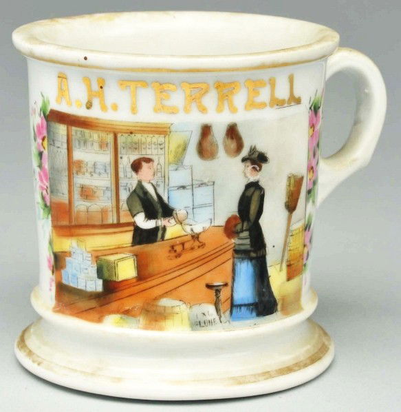 General Store Shaving Mug.: Description Gilded "A.H. Terrell". Nice image of man helping a woman at cabinet with floral wrap. Missing most of the gold gilding across bottom. Condition (Very Good). Size 3 - 3/4" T.