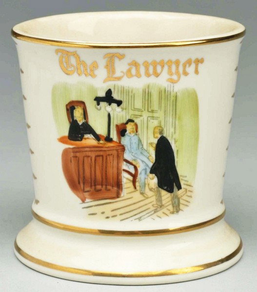The Lawyer Shaving Mug.: Description Dated 1953. From the John Hudson Sportsman Series. Image of a lawyer asking a witness questions on stand. Condition (Excellent). Size 3 - 3/4" T.