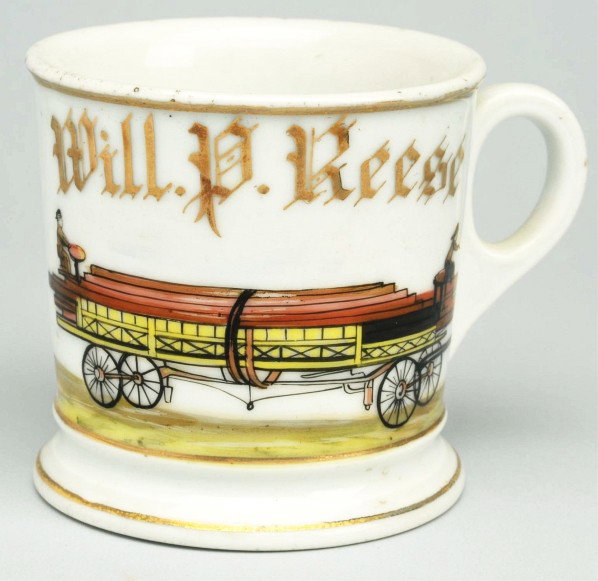 Fire Ladder Shaving Mug.: Description Gilded "Wil. P. Reese". CFH stamp under base. Nice image of long ladder wagon. Condition (Excellent). Size 3 - 1/2" T.