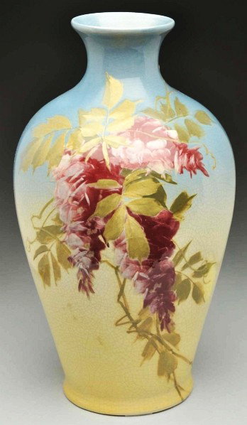 Roseville Rozane Royal Vase.: Description Hand decorated and artist signed Mitchell. Restoration to lines at rim in blue. Condition (Good). Size 15" T.
