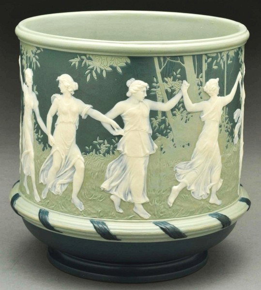 Mettlach Pottery Vase or Jardiniere.: Description Number 7029. Depicts women dancing in forest. Only slight wear. Condition (Excellent). Size 8" T.