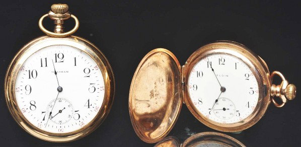 Lot of 2: Gold-Filled Pocket Watches.: Description Includes one size 12 open face Waltham and one size 6 multicolor hunter case.
