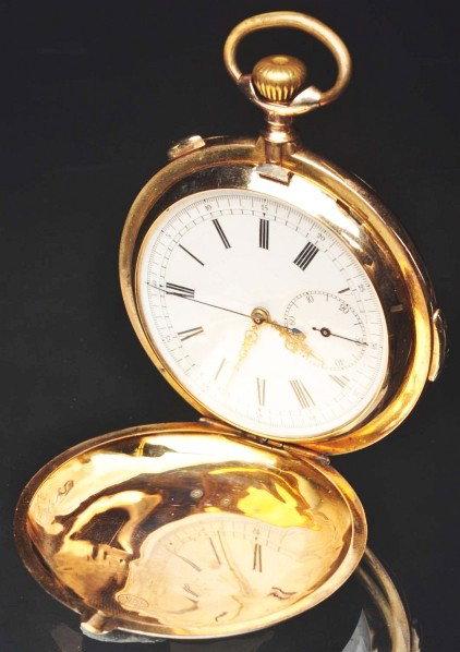 14K Lephare 1/4 Hour Repeater Pocket Watch.: Description Swiss-made. Hunter case. Chronograph functions. In need of service.
