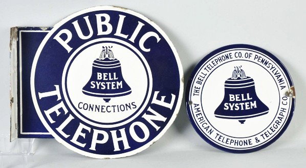 Lot of 2: Porcelain Signs.: Description Includes one Bell System Public Telephone flange sign and one single-sided Bell System plaque sign. Condition (Excellent). Size Largest: 12 - 1/4" x 11".