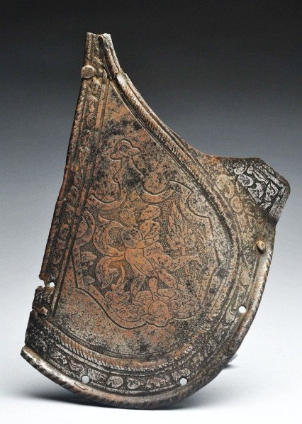 Etched Armor Plate.: Description Circa 17th century. Piece is beautifully etched and highly detailed. Condition (Excellent). Size 8 - 1/2" L.