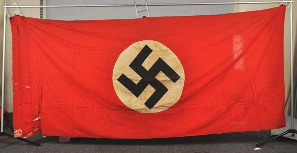 Lot of 3: German Nazi Military Flags.: Description Naval battle flag includes rope lanyard. For destroyer or battleship. Size: 8' x 4'-10". Some holes and damage to center of flag. Well marked. NSDAP flag has some staining to center area. 