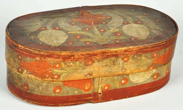 Wooden Hand-Painted Bridal Box with Floral Motif.: Description Nice folk art piece. Sound construction. Condition (Excellent). Size 15 - 3/4" L.