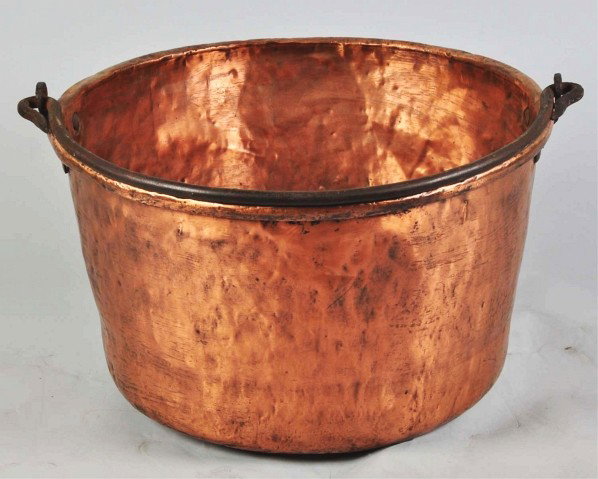 Large Copper Apple Butter Pot with Metal Handle.: Condition (Excellent). Size 28 - 1/2" Dia.
