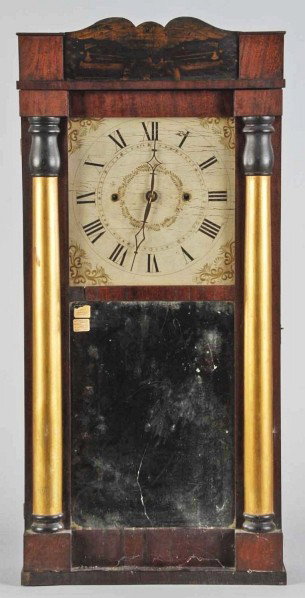 Wooden Works Imperial Clocks Shelf Clock.: Description Bristol, CT. By George Mitchell. Weights and pendulum. Appears to have an original face and the bottom mirror was likely replaced some time ago. Stenciling at top with gold columns on side