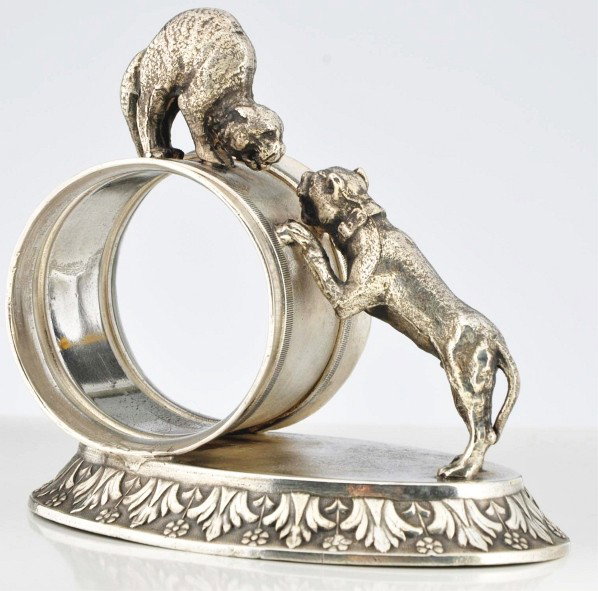 Fighting Cat & Dog Figural Napkin Ring.: Description By Meriden Silver Plate Co. Condition (Very Good). Size 3 - 1/4" T.