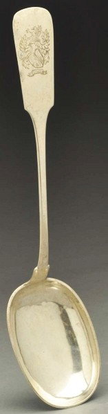A European Silver Serving Spoon.: Description Haeberlein, Nuremberg late 19thC Fiddle pattern, with a broad shallow ovoid bowl, the handle engraved with a coat of arms and name underneath. L: 12-7/8 in.; weight: 4 oz. Condition (Good)