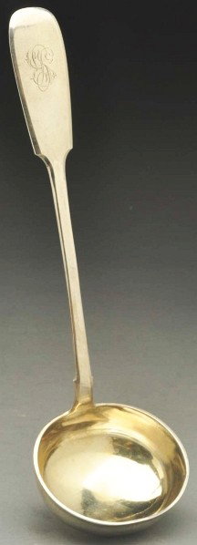 A Russian Silver Soup Ladle.: Description Late 19thC Fiddle pattern, with an oblong gilt bowl, the handle engraved with initials. L: 11in.; weight: 6 oz. Condition (Good). Size 10 - 1/2" L.