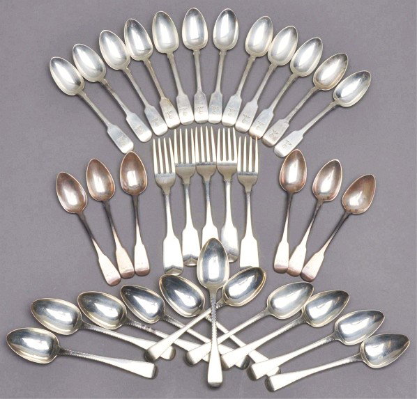 Group of Irish & English Georgian Silver Flatware: Description Comprising a set of five Irish small dessert forks, Fiddle pattern, Richard Whitford Dublin 1813, retailed by Alderman West, crested; a set of six Irish teaspoons, Dublin 1829 maker's mark