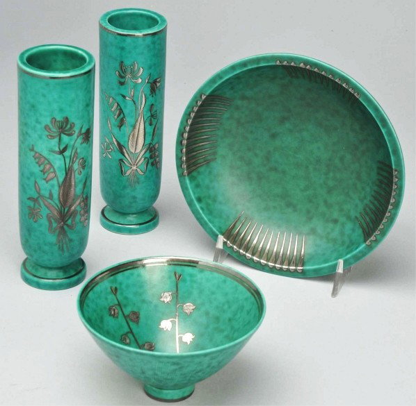 Lot of 4: Sweden Soapstone Pieces.: Description All with silver overlay. Includes two vases with floral overlay and two bowls, one with floral overlay and the other with an Art Deco pattern overlay. No damage or repairs. Condition (Exce