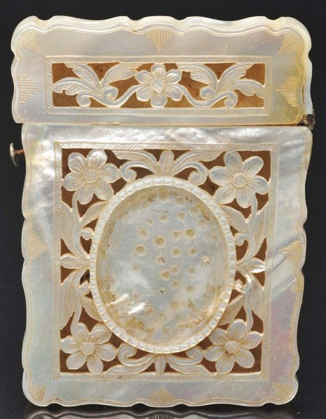 Victorian Calling Card Case.: Description Mother of pearl with open lattice work. Hinge is separated. One crack to back. Condition (Excellent). Size 3 - 1/2" T.