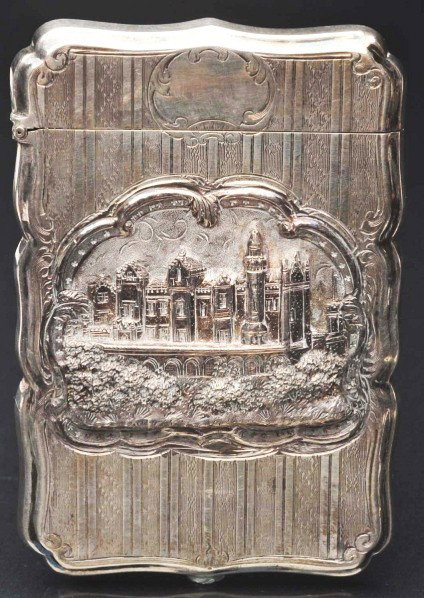 Victorian Calling Card Case.: Description Hallmarked sterling silver. Embossed castle scene. Condition (Excellent). Size 3 - 3/4" T.