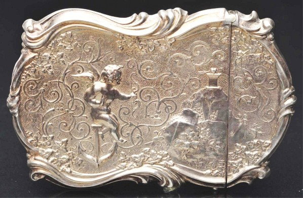 Victorian Calling Card Case.: Description Sterling silver. Embossed with angel, eagle, and cherub on one side and a cherub with anchor and ocean scene on the other side. Condition (Excellent). Size 4" L.