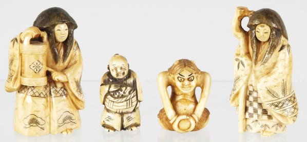Lot of 4: Netsuke Figures.: Description Lot includes an artist signed lady holding a basket, an artist signed lady holding a staff, and two ornately carved men. Condition (Excellent). Size Largest: 3" T.